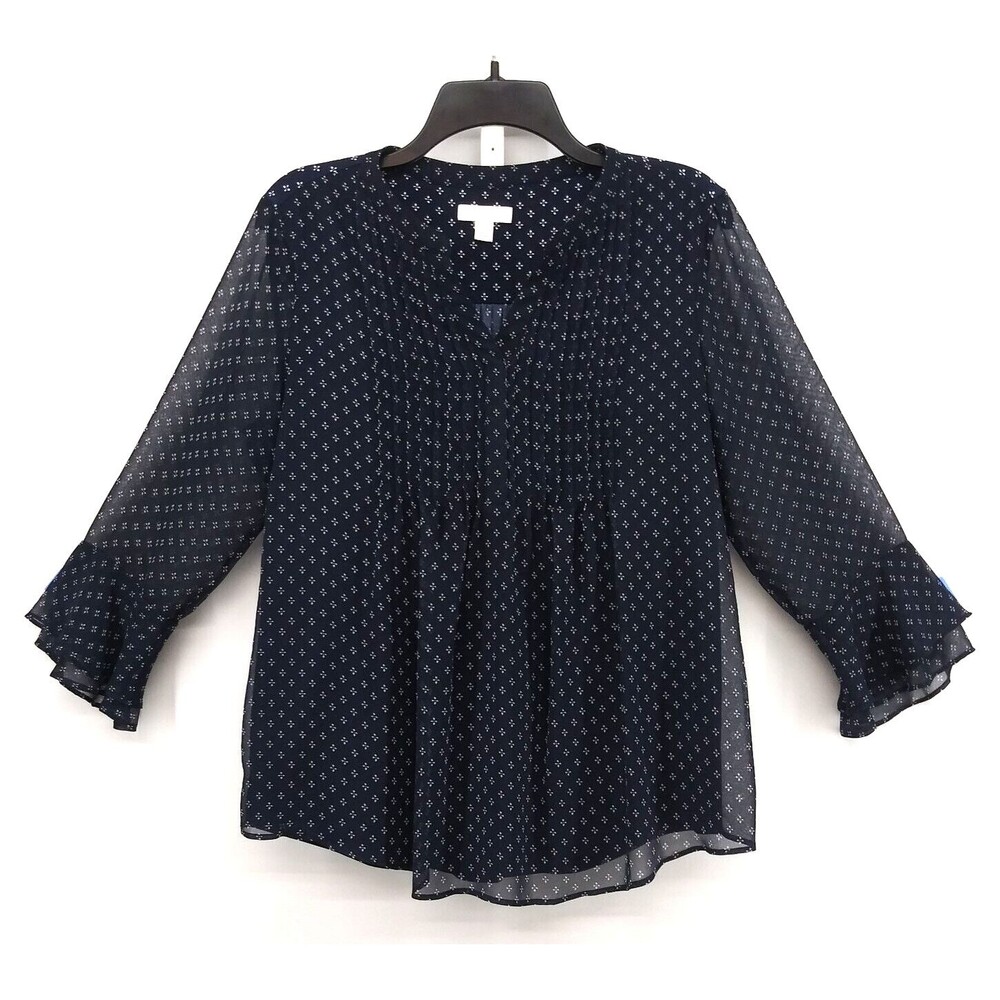Charter Club Blouse Womens Size S Navy Blue 3/4 Sheer Sleeve Pullover Top